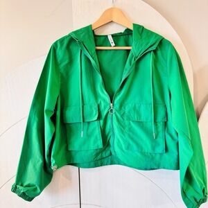 Love Tree Green Nylon Windbreaker Hooded Drawstring Hem Flap Pockets Size Large